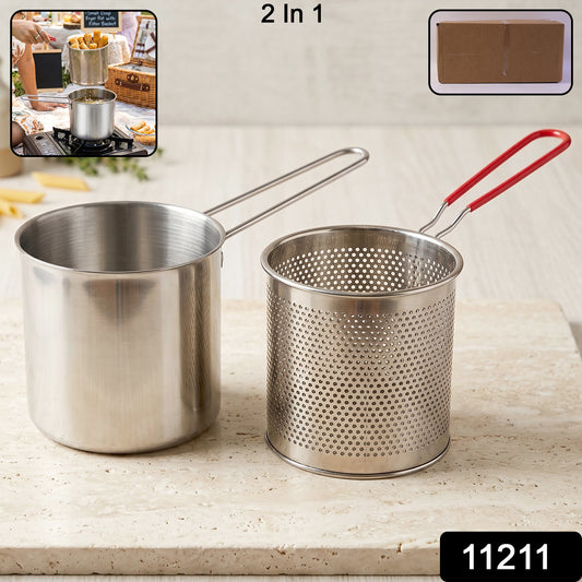 Stainless Steel Deep Frying Pot With Strainer Basket Set For Kitchen (1 Set)
